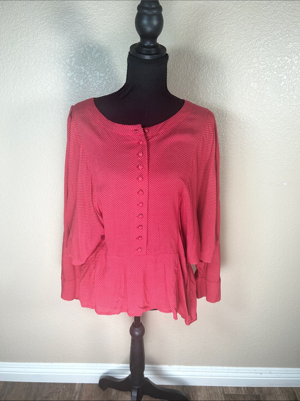Anthropologie Maeve Red Polka Dot Peplum Button Front Blouse Large